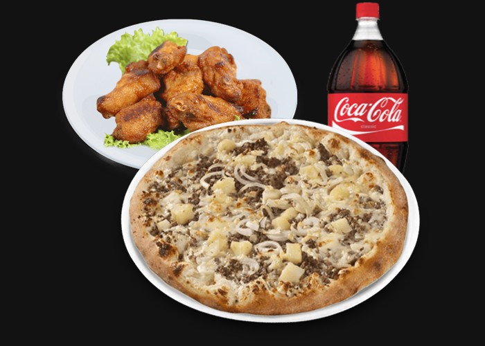 1 Family Pizza of your choice<br>
+ 10 Chicken wings<br>
+ 1 Maxi Coca Cola 1,25 L.
