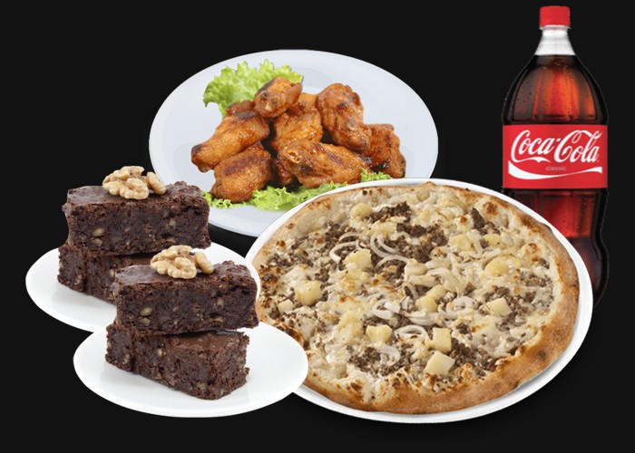 1 Family Pizza of your choice<br>
+ 10 Chicken wings<br>
+ 4 Brownies<br>
+ 1 Maxi Coca Cola 1,25L.
