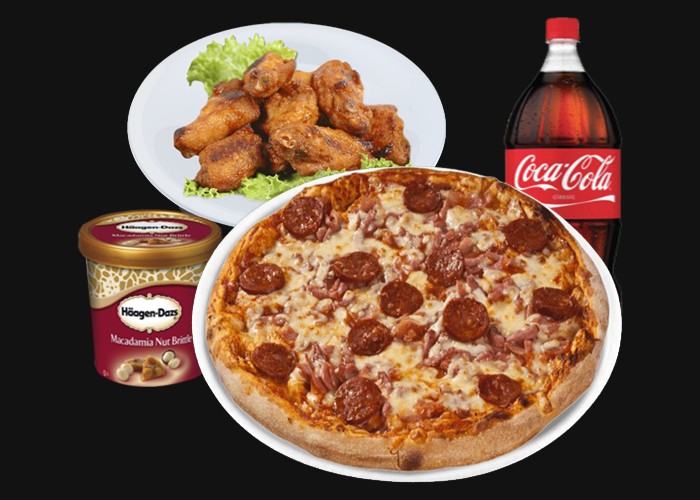 1 Family Pizza of your choice<br>
+ 10 Chicken wings<br>
+ 1 Hagen-Dazs 500ml<br>
+ 1 Maxi Coca Cola 1,25L.