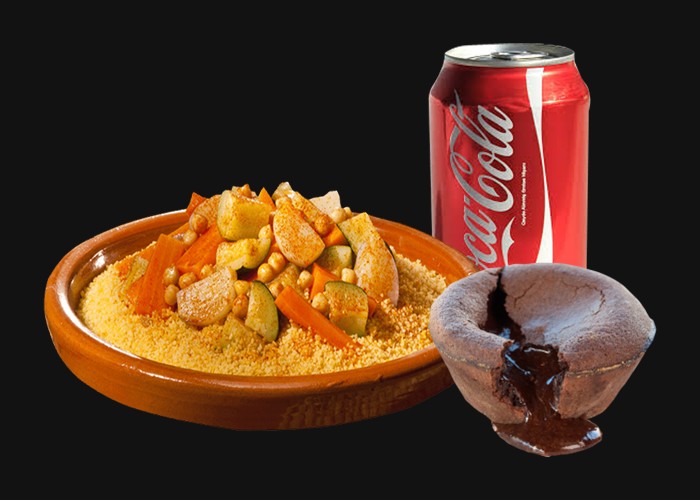 1 Vegetable couscous<br>
+ 1 Dessert  of your choice<br>
+ 1 Drink  of your choice.