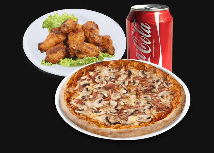 1 Small Pizza of your choice<br>
+ 6 Chicken wings<br>
+ 1 Coca Cola 33cl.