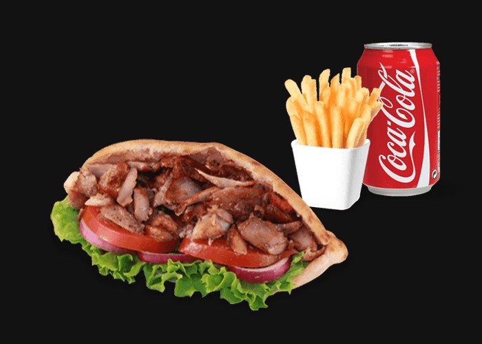 Kebab meat, vegetebales<br>
+ Fries<br>
+ 1 Drink 33cl of your choice.