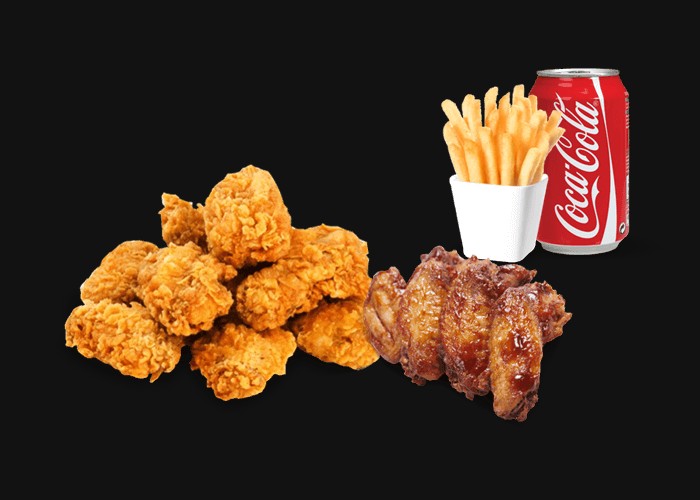 2 Pieces of chicken breast<br>
+ 2 Chicken wings<br>
+ Fries or potatoes<br>
+ 1 Drink 33cl of your choice.