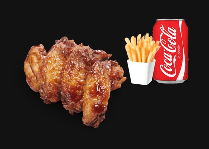 4 Pieces chicken wings<br>
+ Fries or potatoes<br>
+ 1 Drink 33cl of your choice.