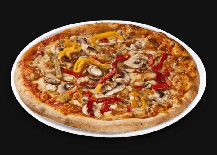 Tomato, cheese, chicken, mushrooms, peppers, oregano.