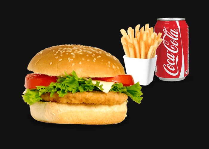 Chicken burger ( poulet pan)<br>
+ Frites ou Potatoes<br>
+ 1 Boisson 33cl au choix.