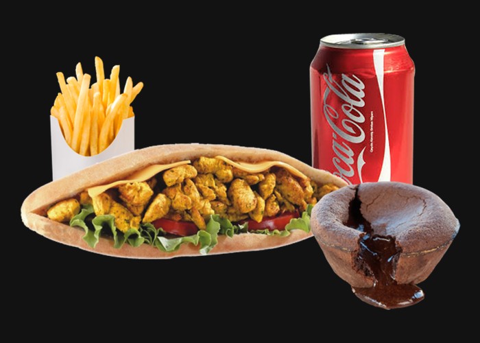 1 Sandwich chicken tikka<br>
+ Frites<br>
+ 1 Dessert au choix<br>
+ 1 Boisson 33cl au choix.