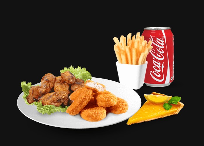 5 Chicken wings<br>
+ 5 Nuggets<br>
+ 5 Mozza sticks<br>
+ Frites<br>
+ 1 Dessert au choix<br>
+ 1 Boisson 33cl au choix.