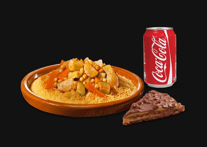 1 Couscous aux lgumes<br>
+ 1 Dessert au choix<br>
+ 1 Boisson 33cl au choix.