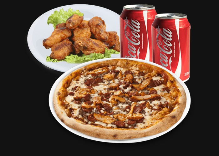 1 Pizza super au choix<br>
+ 8 Chicken wings<br>
+ 2 Coca Cola 33cl.