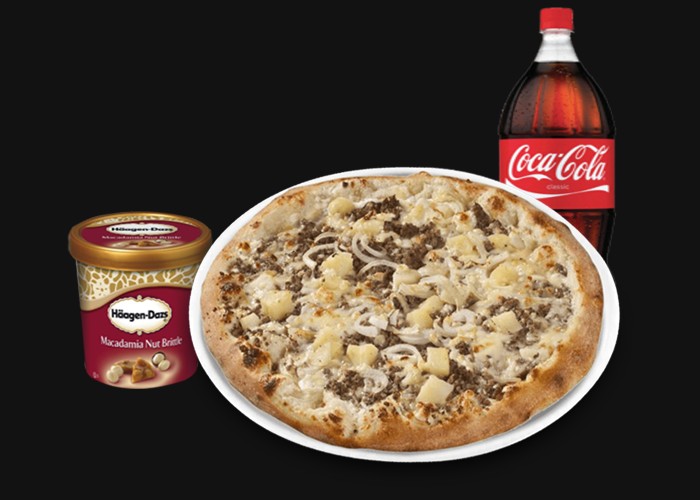 1 Pizza familiale au choix<br>
+ 1 Hagen-Dazs 500ml<br>
+ 1 Maxi Coca Cola 1,25L.