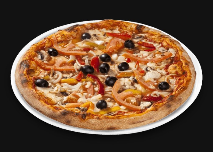 Tomato, cheese, mushrooms, peppers, onions, olives, oregano.