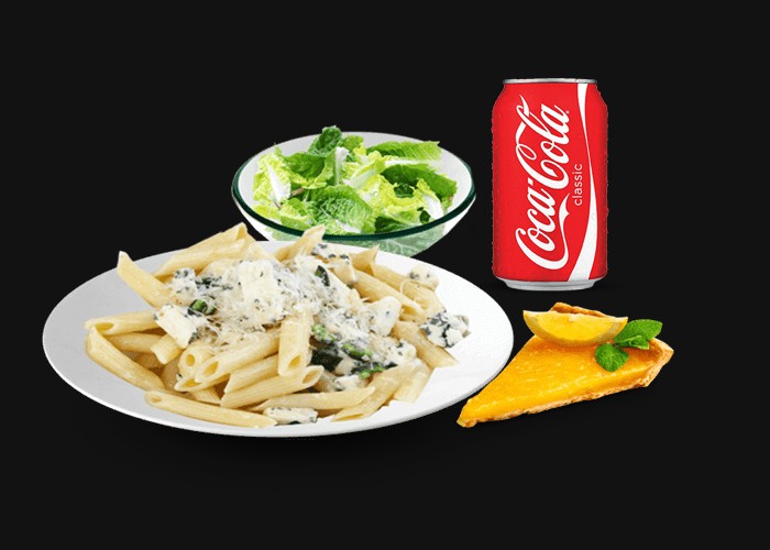 One dish pasta choice<br>
+ 1 Green Salad<br>
+ 1 Bread<br>
+ 1 Dessert of your choice<br>
+ 1 Drink 33cl of your choice.