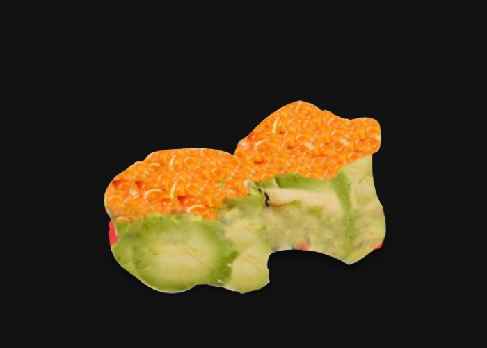 Tartar of salmon coated with a strip of avocado.