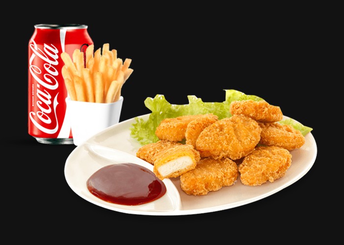 3 Chicken wings or 3 nuggets or cheese burger<br>
+ Fries<br>
+ 1 Sauce of your choice<BR>
+ 1 Drink 33cl of your choice.
